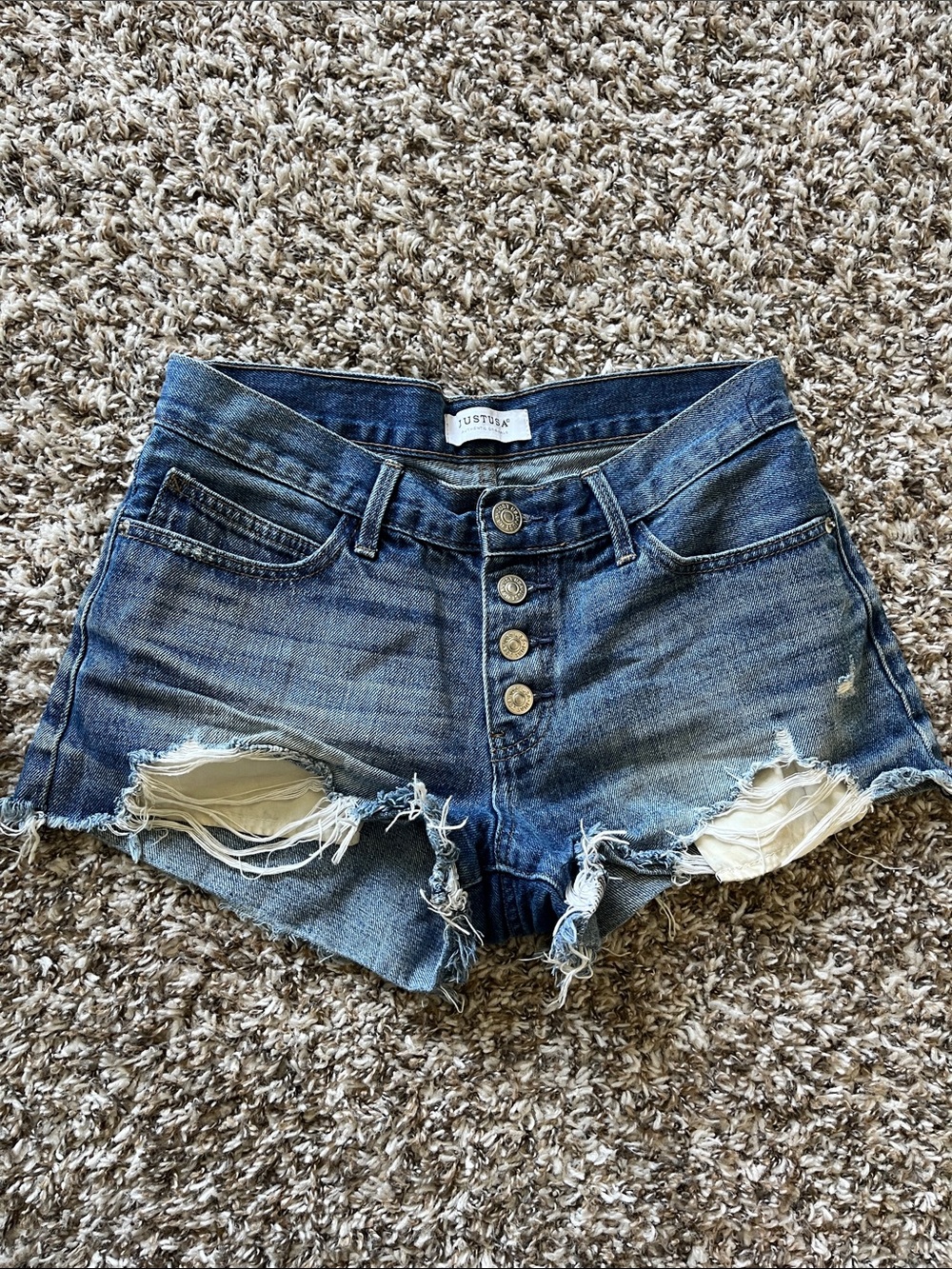 Just USA Distressed Blue Button-Front Denim Shorts